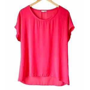 Pleione Women's Neon Pink Polyester Georgette Cuffed Short Sleeve Top EUC